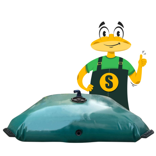 Illustration Maciterne Serena Group – citerne souple avec vanne laiton, mascotte expliquant installation citerne pluie